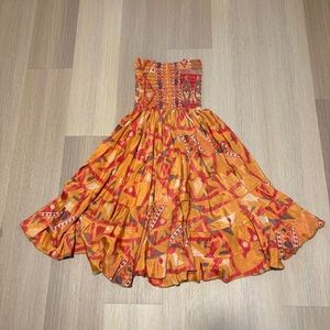Unique Silk Flowy Full Circle Dress | Bright Orange Geometric | Smocked Bodice